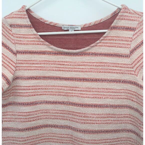Green Envelope Pink Striped Short Sleeve T Shirt Raw Hem Round Neckline BOHO M - Picture 3 of 7